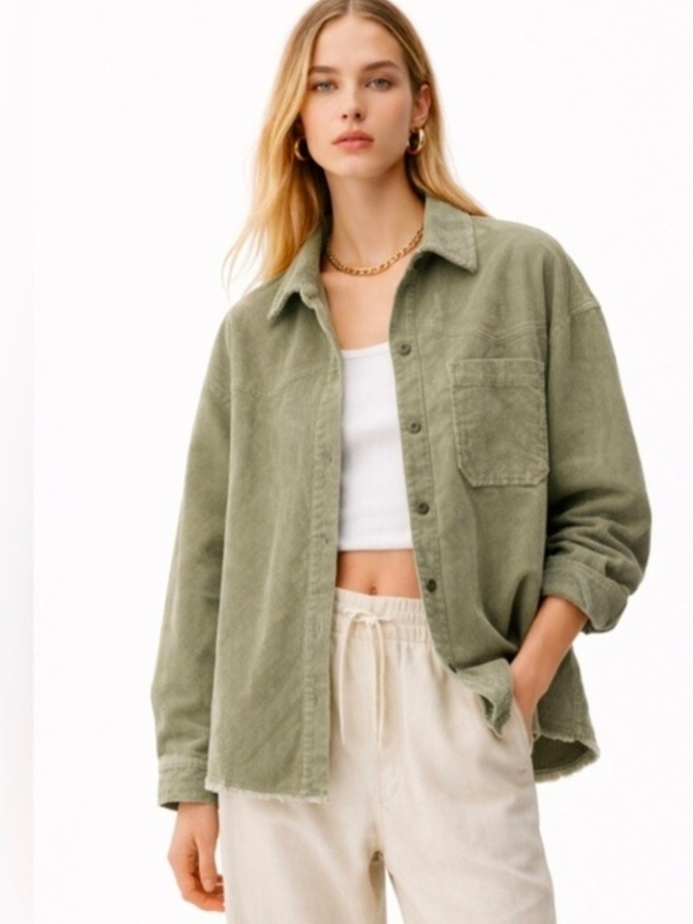 Zara Utility Corduroy Jacket Women's Light Olive Sz S Oversized Raw Hem Layering